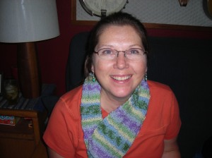 Julie and her smart-yarn scarf.